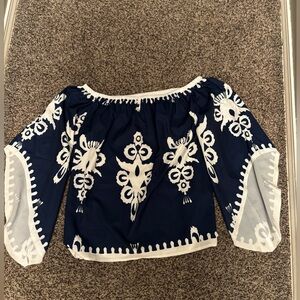 Women's S Small off the shoulder blue and white top shirt SHEIN